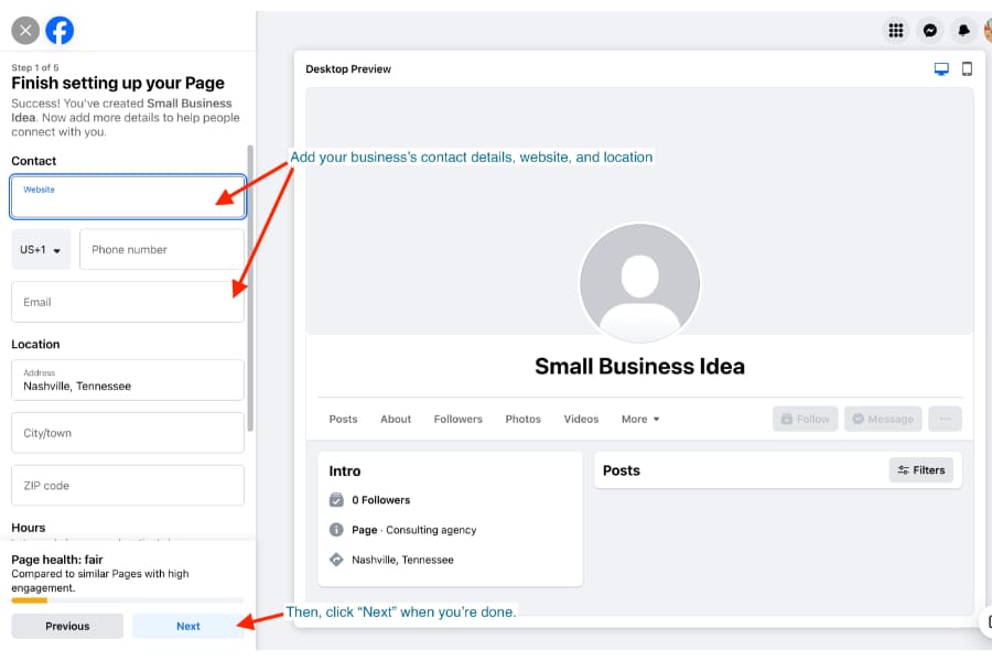 Onboarding interface of creating a Facebook Business Page with your contact details and location.