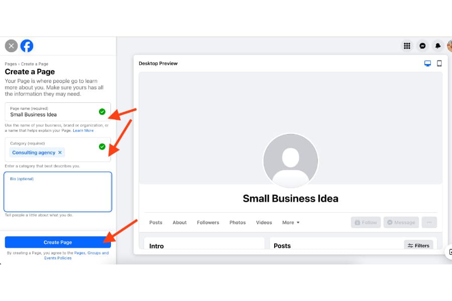 The onboarding interface of setting up your Facebook Page's name, category, and bio.