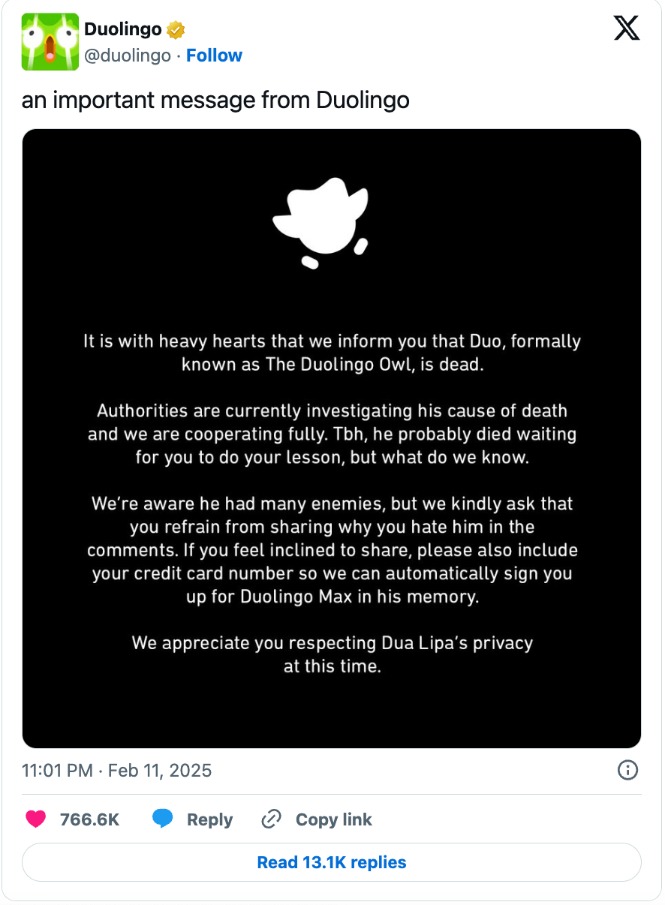 Duolingo's X Post announcing its mascot's death.