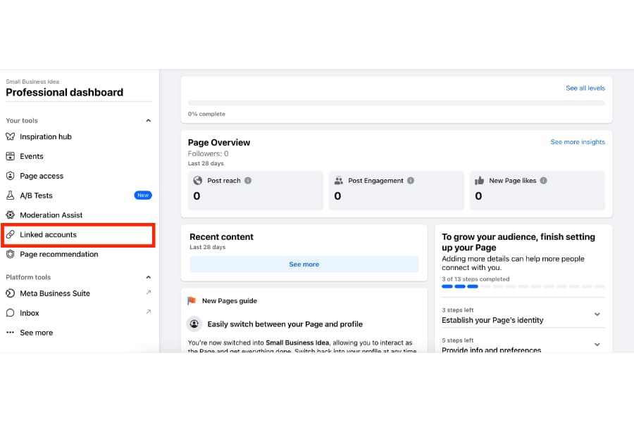 Navigating to the linked accounts inside the Professional dashboard.