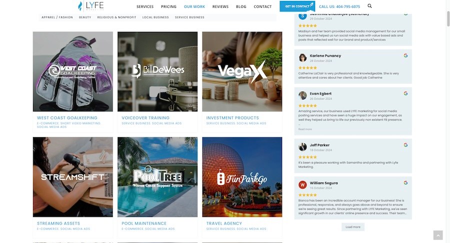 Some of LYFE Marketing's former social media clients on its website.
