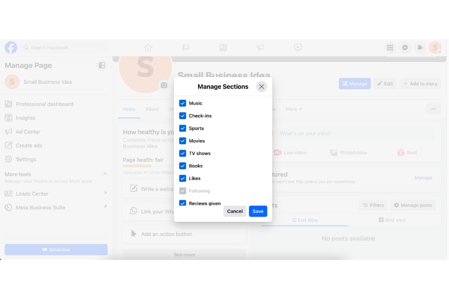 A checklist of sections to add to your page.