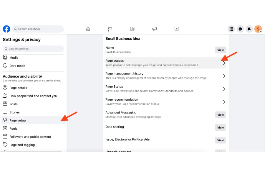 The Settings menu of a Facebook page with the "Page access" section highlighted.