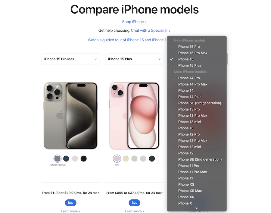 A screenshot of iPhone 15 models pricing comparison with guided tour option on the Apple website.
