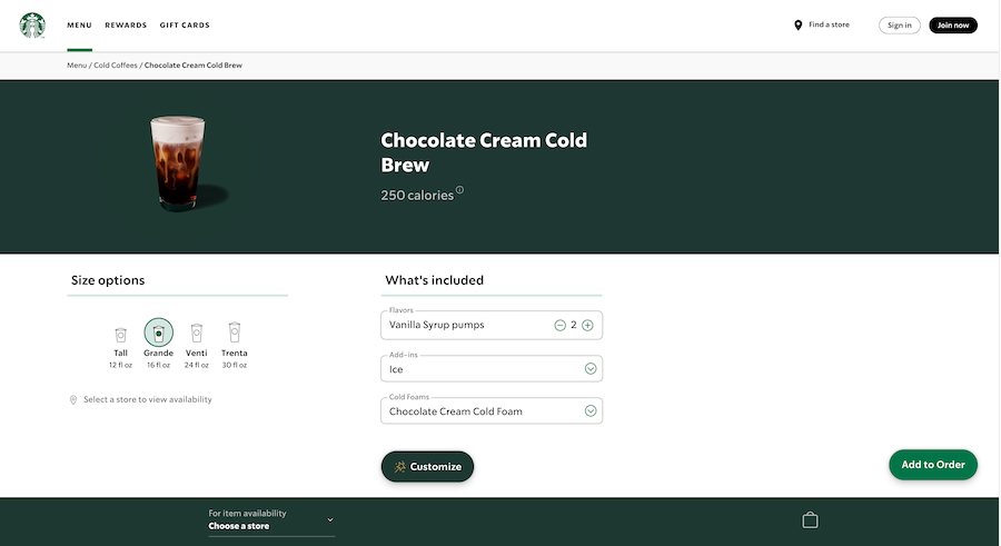 A screenshot of Starbucks' online menu with customization options for Chocolate Cream Cold Brew.