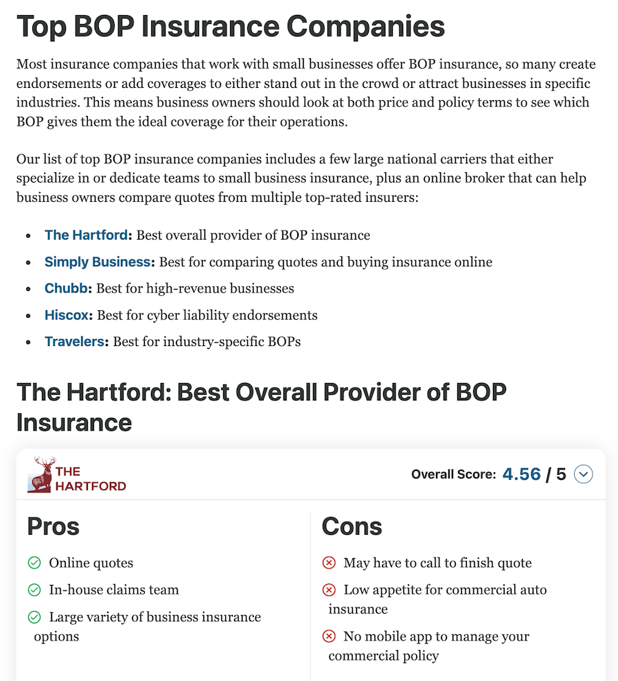 A screenshot of Fit Small Business' list of the top BOP insurance companies showing The Hartford as the best overall provider.