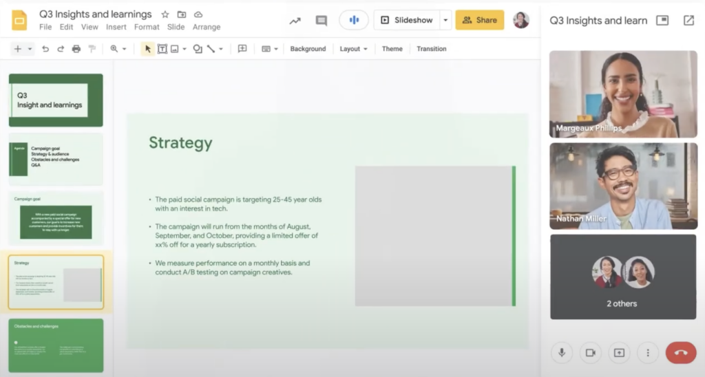 Google Slide sheet with a Google Meet session on the sidebar