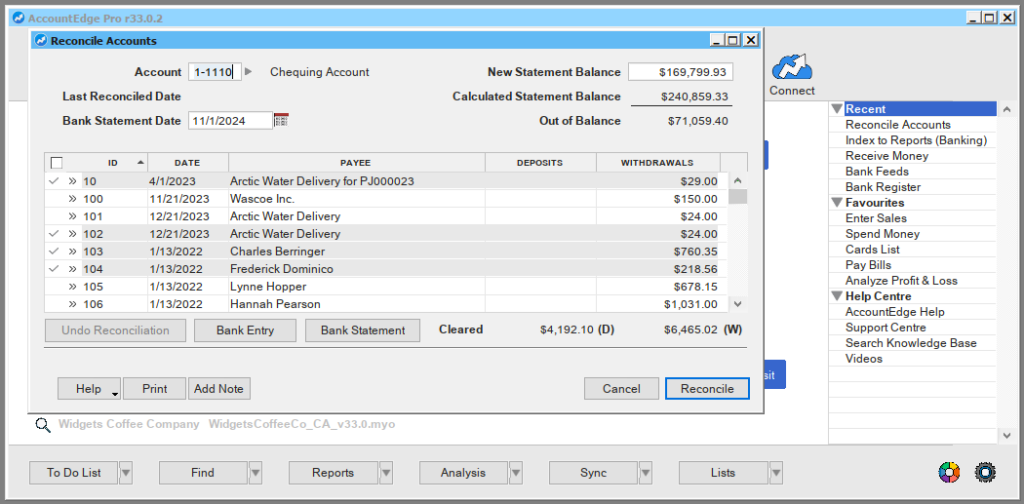 Screen where you can reconcile bank and credit card accounts in AccountEdge