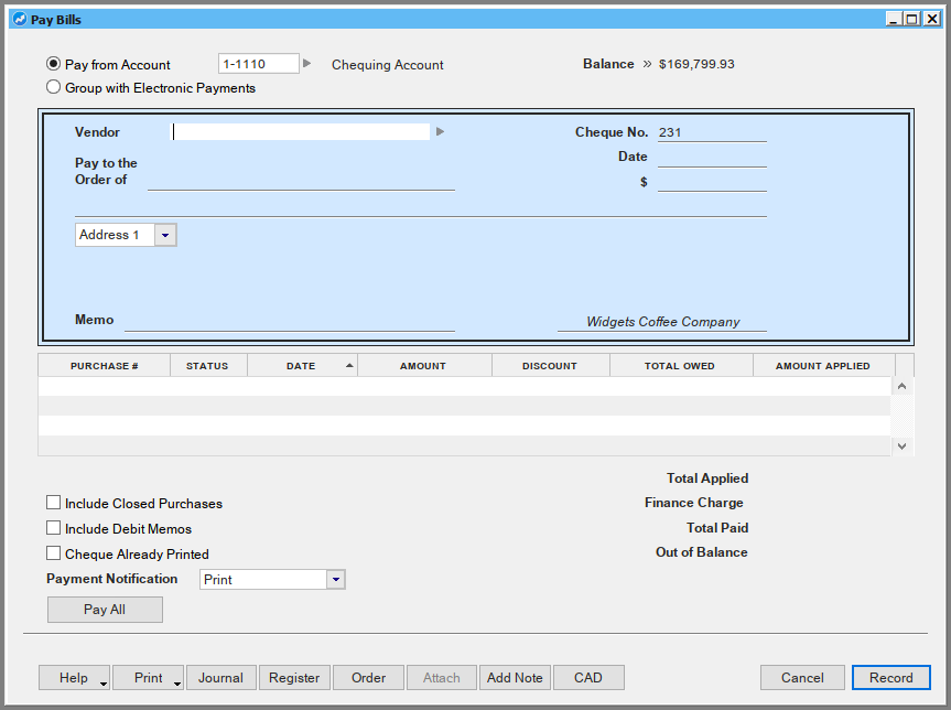 Screen where you can pay bills in AccountEdge