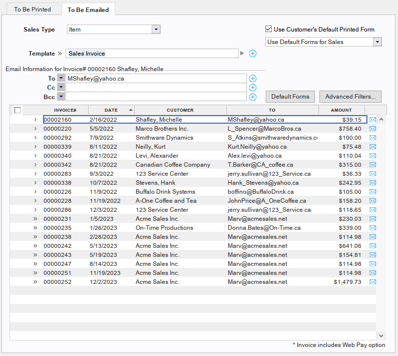 Screen where you can email invoices in AccountEdge