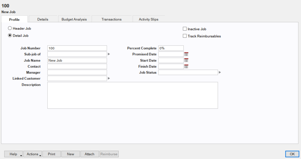 Screen where you can add a new job in AccountEdge