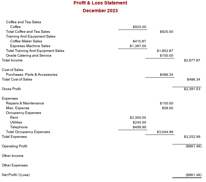 Sample Profit & Loss report in AccountEdge showing details like total income and gross profit