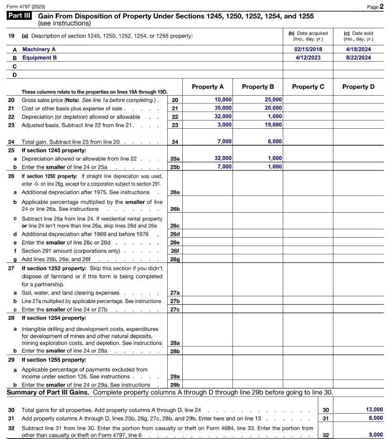 Form 4797, Part III completed with the example information.