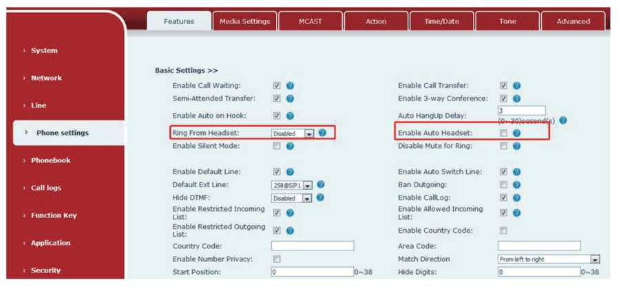 Fanvil's headset function settings with a highlight on the option regarding headset ring.