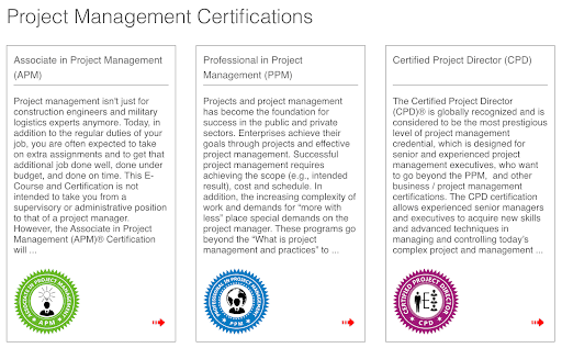 The three levels of GAQM project management certifications: associate, professional, and project director.