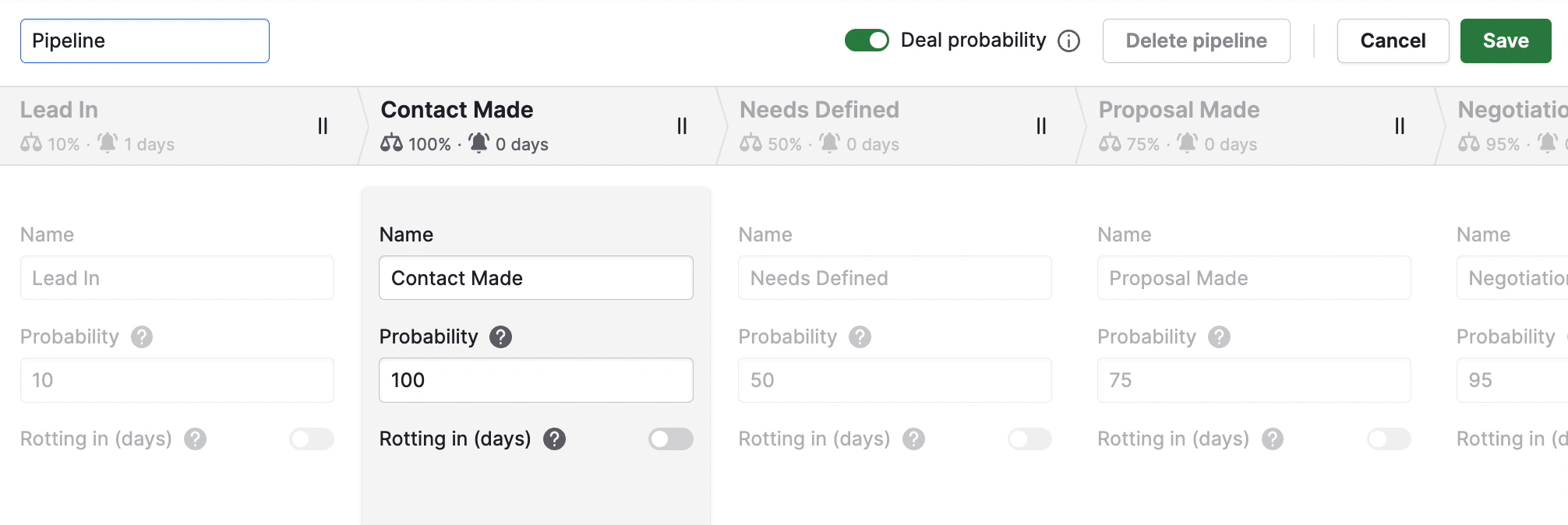 Pipedrive's customization process for pipeline stage attributes like name, probability, and rotten days.