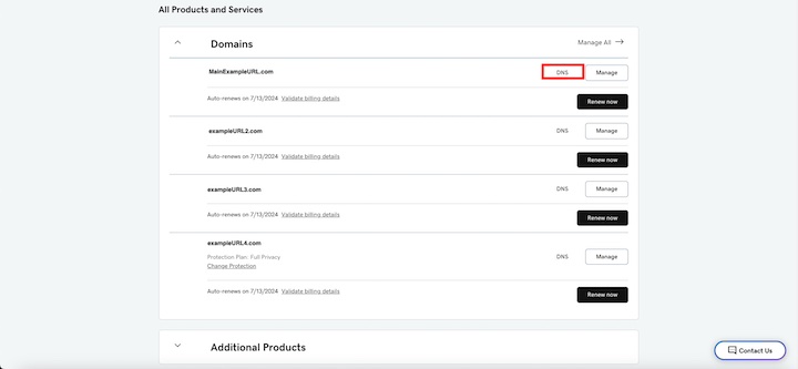 The GoDaddy domains page with highlighted DNS button next to selected domain for subdomain.