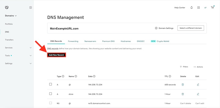 GoDaddy DNS Management page