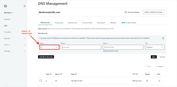 The GoDaddy DNS Management page with "A" Record dropdown selection highlighted.