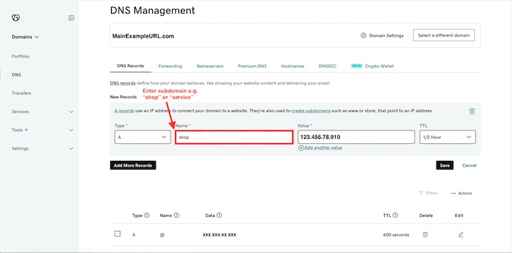 The GoDaddy DNS Management page with "Name" field filled with "shop" as desired subdomain name highlighted.