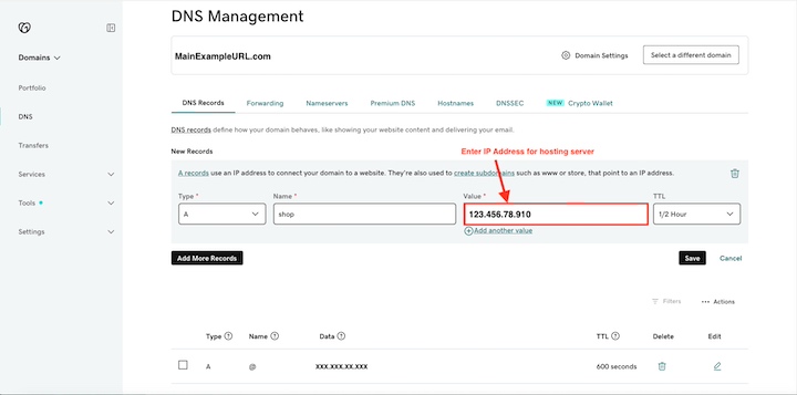 The GoDaddy DNS Management page with the "Value" field filled with the host server IP address and highlighted.