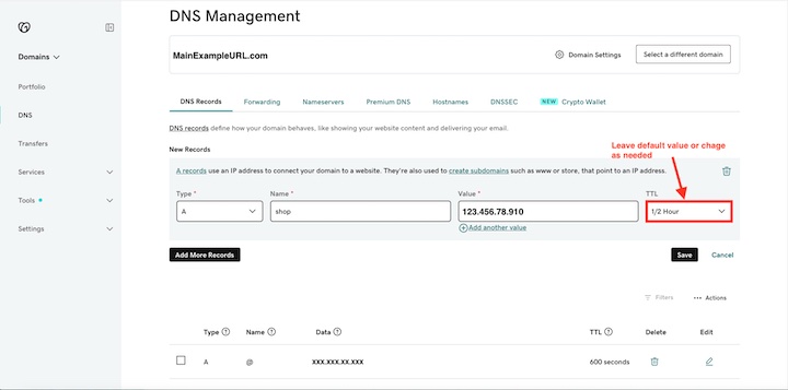 The GoDaddy DNS Management page with "TTL" dropdown with default of 1/2 hour highlighted.