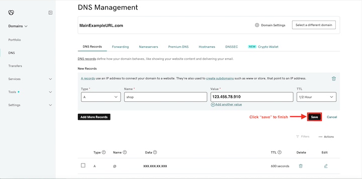 The GoDaddy DNS Management page showing the "Save" button highlighted.