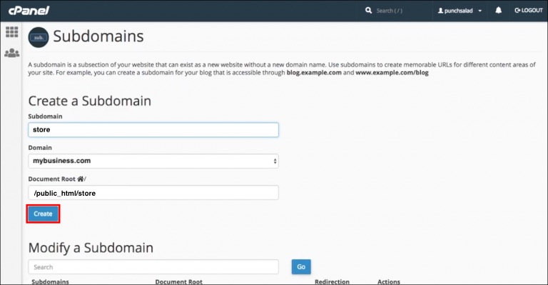 The GoDaddy cPanel Create a Subdomain interface showing how to create a subdomain.