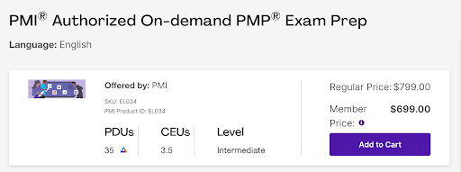 Pricing and product details about PMI's on-demand PMP exam prep.