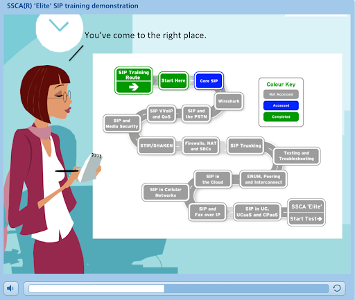 A screenshot of the SSCA Elite SIP training demonstration with a fully animated video and diagram.