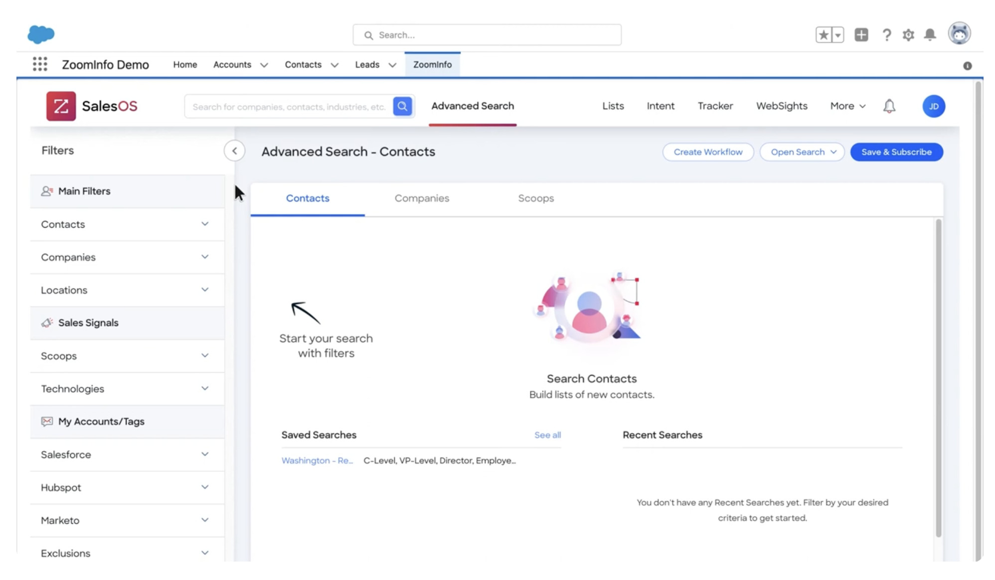 ZoomInfo and Salesforce integration's advanced search and filters for building a list of new contacts.