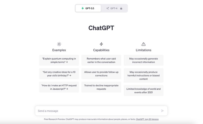 ChatGPT main interface showing examples, capabilities and limitations and prompt window at bottom of screen.