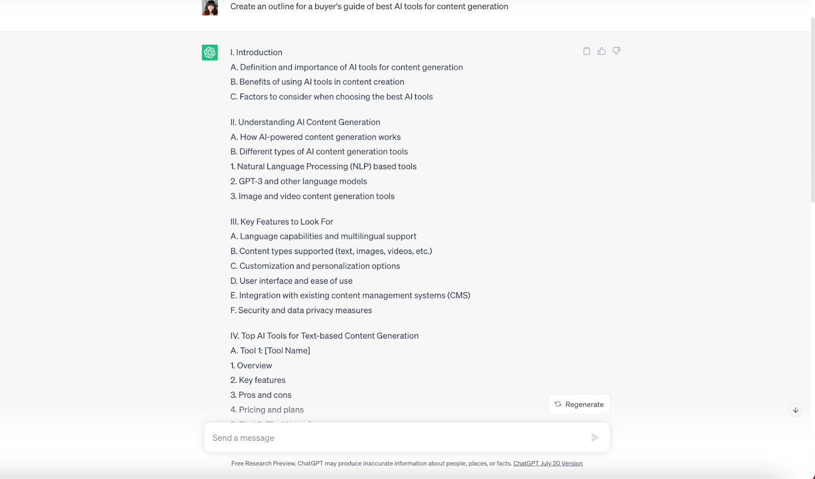 ChatGPT copy generation page with suggested outline for article on AI content generation.