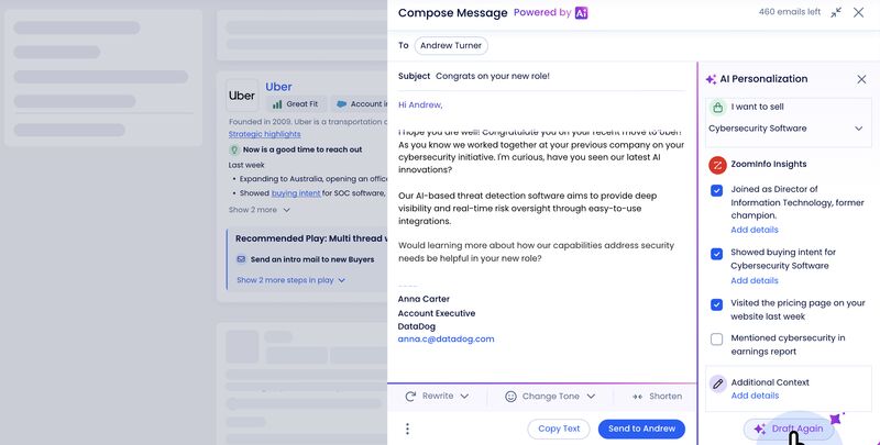 ZoomInfo’s Copilot personalizing messaging for outreach and engagement campaigns.