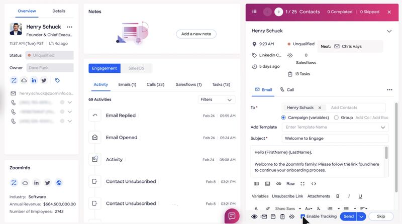 ZoomInfo Engage with call and email options and customer interaction tracking for prospecting.