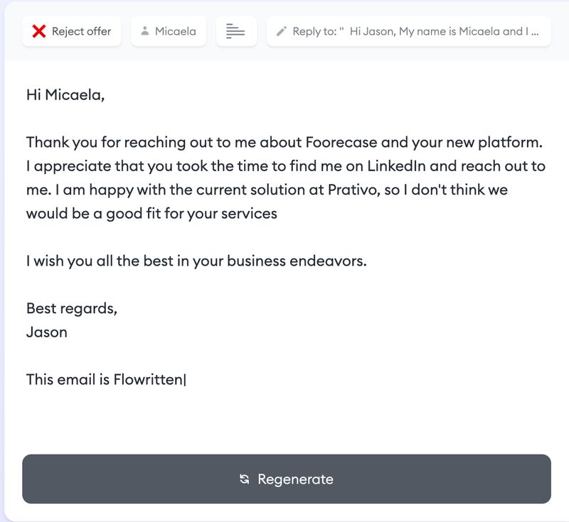 Flowrite email response composer tool showing possible response to sales email with rejection to sales proposal.