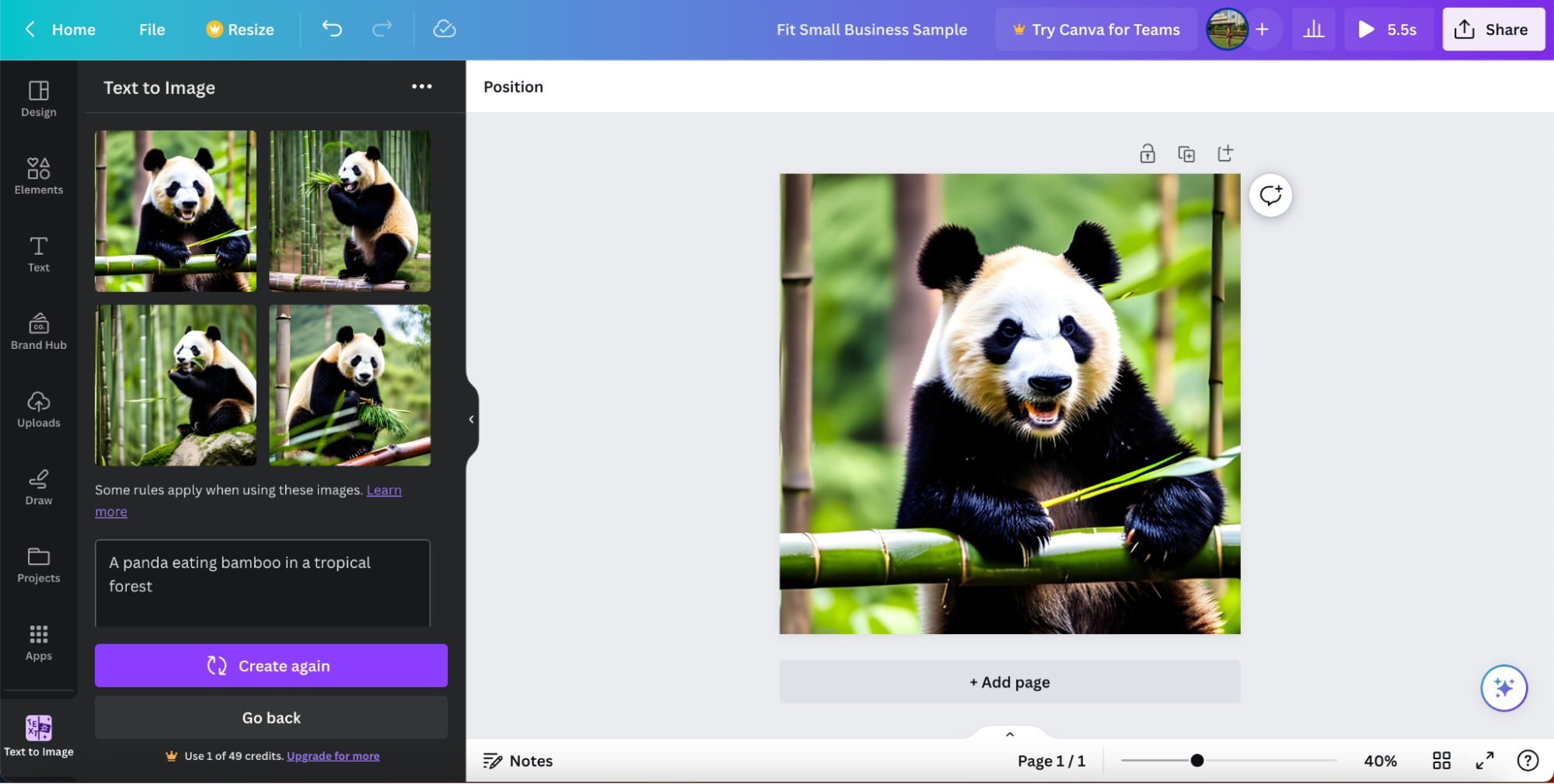 Screenshot of the Canva editor showing an AI-generated image of a panda.