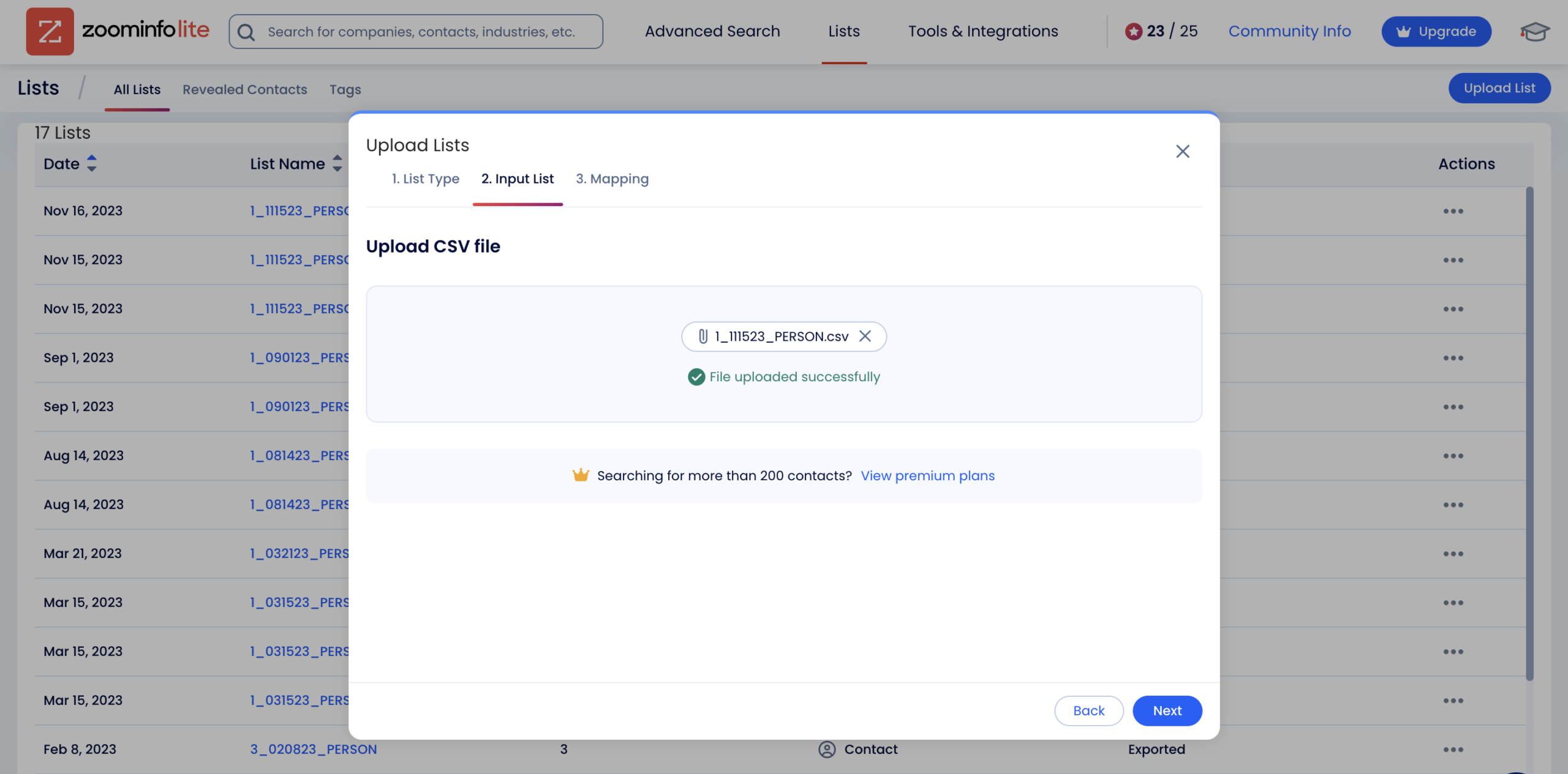 CSV file being uploaded to import a contact list from a CSV file to ZoomInfo.