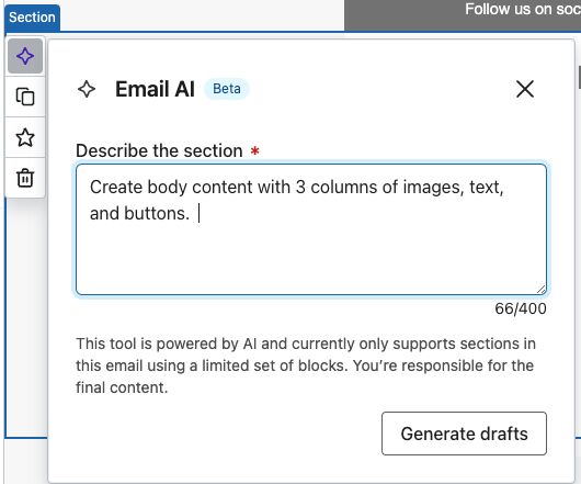 Klaviyo Email showing how to create email copy drafts based on prompts.