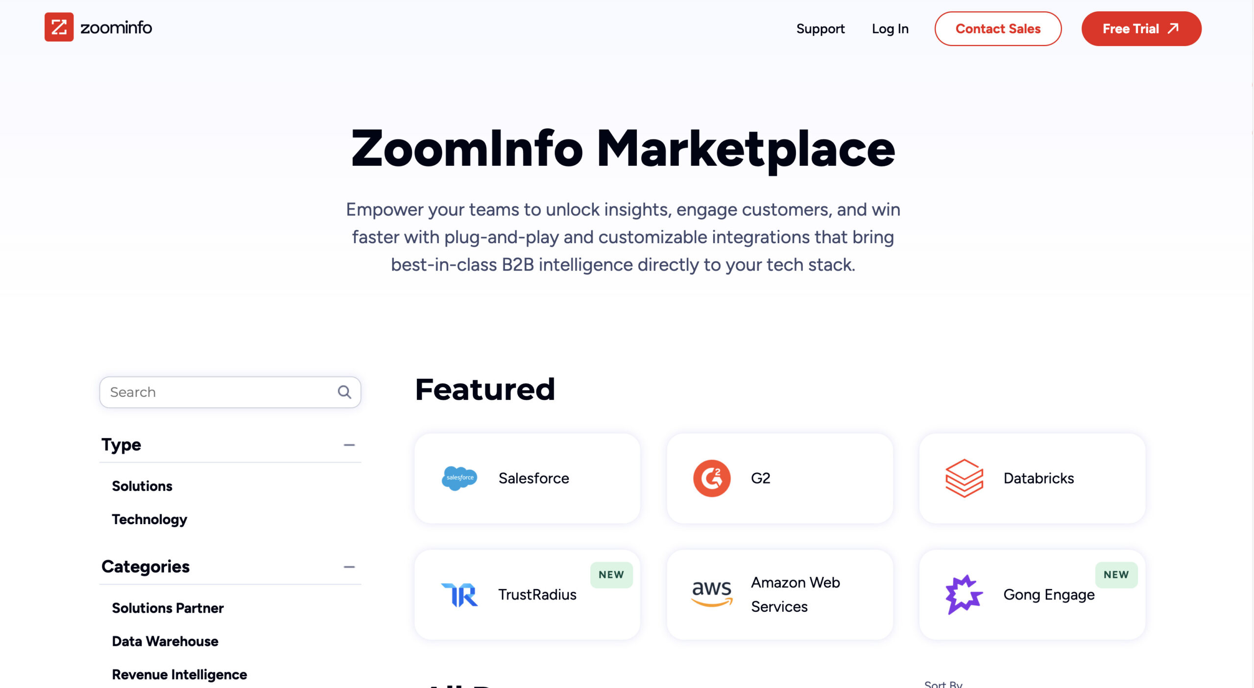 ZoomInfo Marketplace featuring integrations across various types and categories.