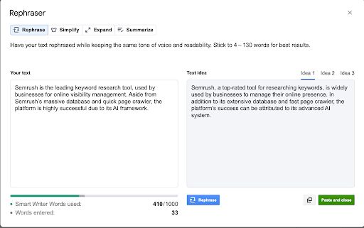 Semrush AI Rephraser showing suggested rewrite for user generated text.