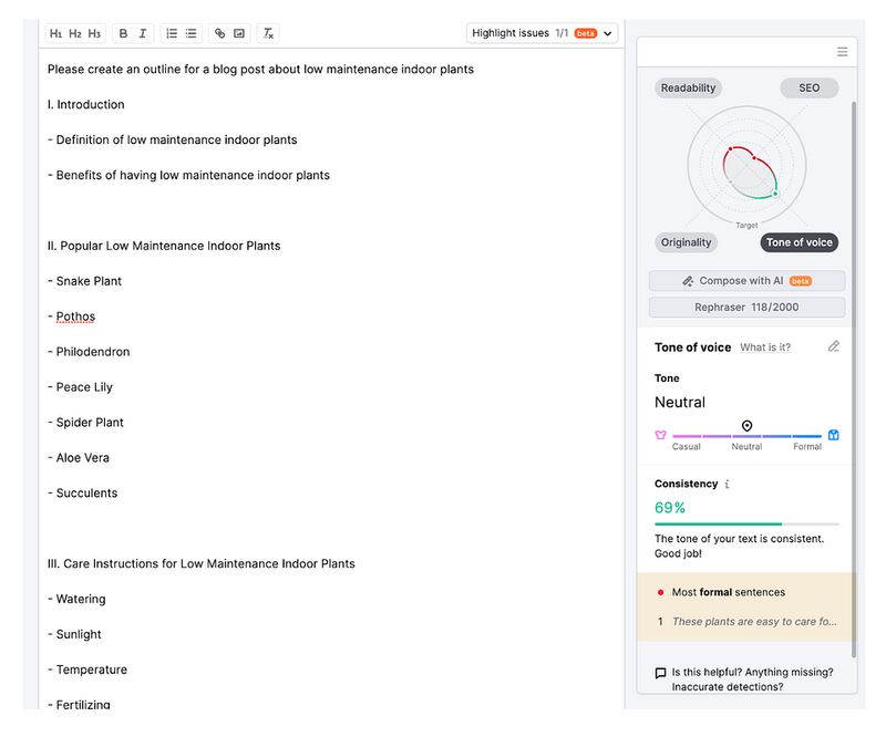 Semrush AI Topic Outliner showing suggested outline for article on indoor plants.