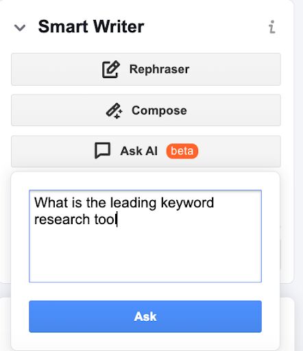 Semrush AI Smart Writer pop-up tool with prompt in text field asking "What is the leading keyword research tool?"