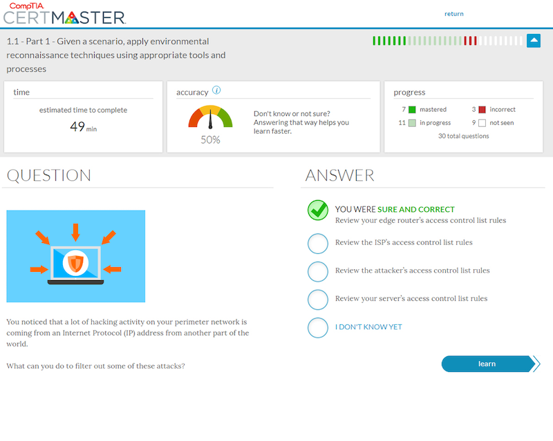 A screenshot of the training interface and a sample Q&A for CompTIA CertMaster for Cloud Essentials.