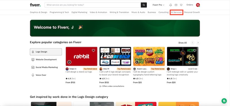 Fiverr Main page with welcome message and explore popular categories.