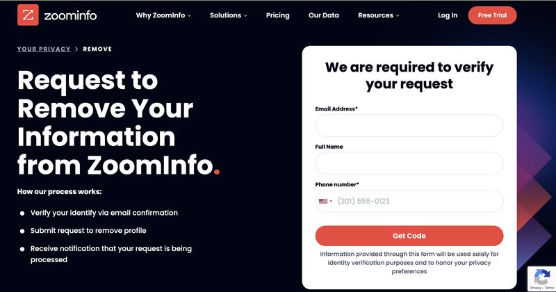 ZoomInfo’s dedicated page for requesting the removal of information from the platform.