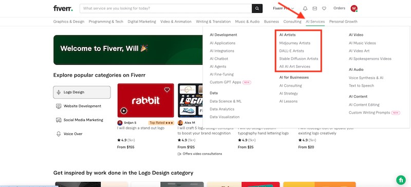 Fiverr Services page with AI options drop down menu.