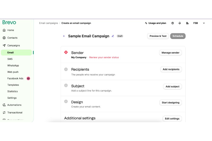 Building an email campaign in the Brevo platform.