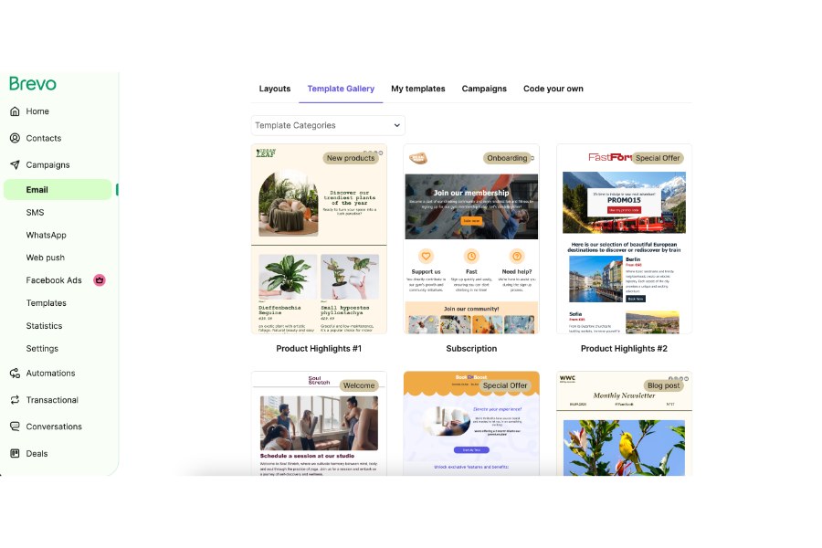 Choosing from Brevo's dozens of email templates.