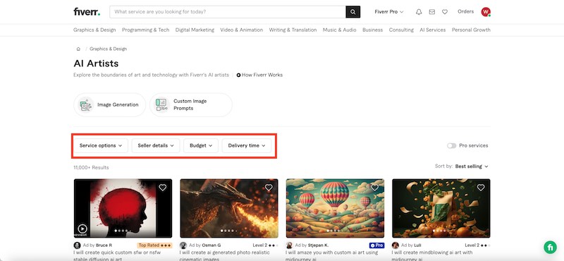 Fiverr AI Artists page with AI artist portfolios displayed.